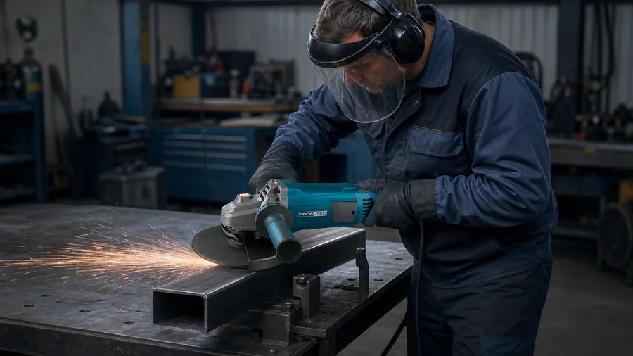 Кутова шліфмашина PROFI-TEC AG230-2400 ріже сталевий профіль