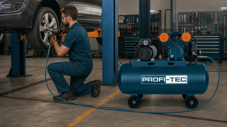 PROFI-TEC OC-100V2-3F питает пневмогайковёрт на одном посту СТО