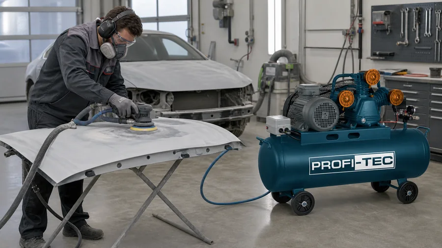 Пневматическая шлифмашина подключена к PROFI-TEC OC-100W3-3F