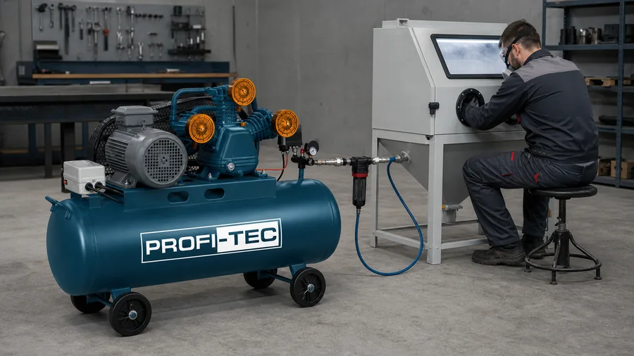 Компрессор PROFI-TEC OC-100W3-3F подключён к закрытой пескоструйной камере