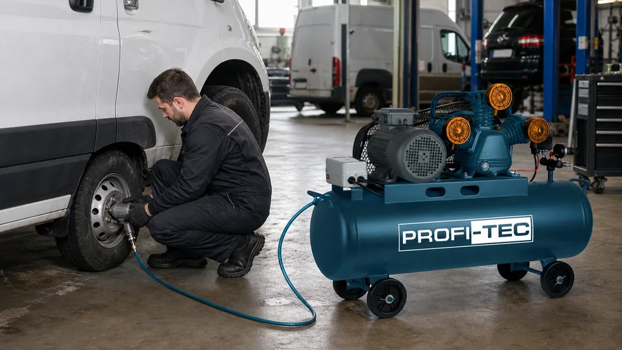 PROFI-TEC OC-200W3-3F подаёт воздух на пневмогайковёрт в сервисе коммерческого транспорта