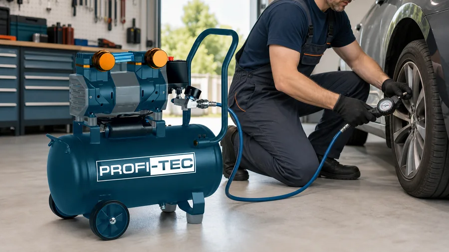 Безмасляный компрессор PROFI-TEC OFC-24.2 при подкачке автомобильного колеса