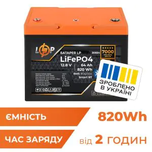 Товар Аккумулятор LP LiFePO4 12,8V-64Ah (820Wh) (BMS 80A/64А) пластик Smart BT