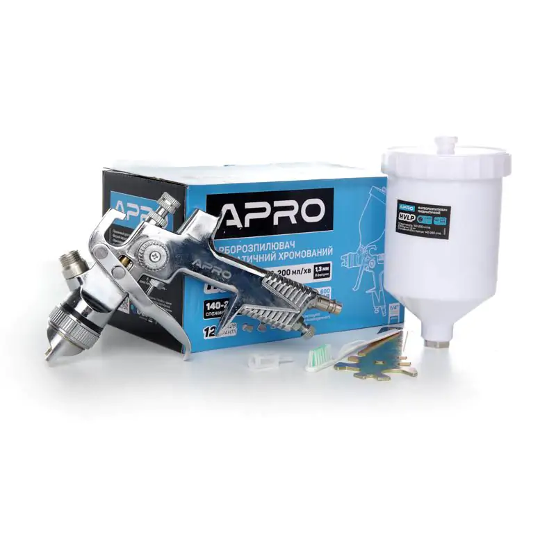 Фарборозпилювач Apro HVLP 1,3мм в/б пласт. 600мл (хром) - фото 4 Фарборозпилювач Apro HVLP 1,3мм в/б пласт. 600мл (хром) - фото 4