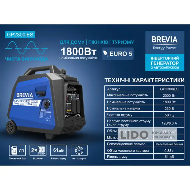 Генератор Brevia инверторный бензиновый 2,0кВт с электростартером - фото 5