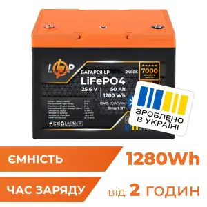 Товар Акумулятор LP LiFePO4 25,6V - 50 Ah (1280Wh) (BMS 80A/50А) пластик Smart BT
