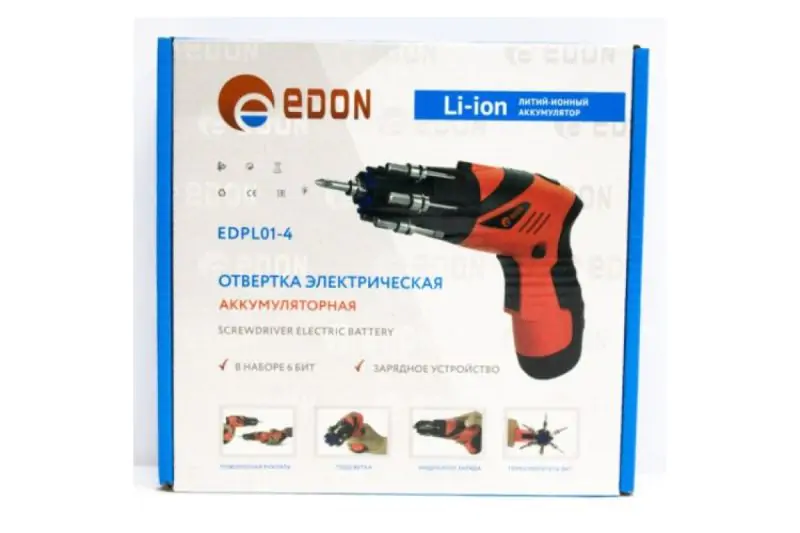 Аккумуляторная отвертка Edon EDRL01-4 (4В, 3.5 Нм, с набором бит) - фото 3