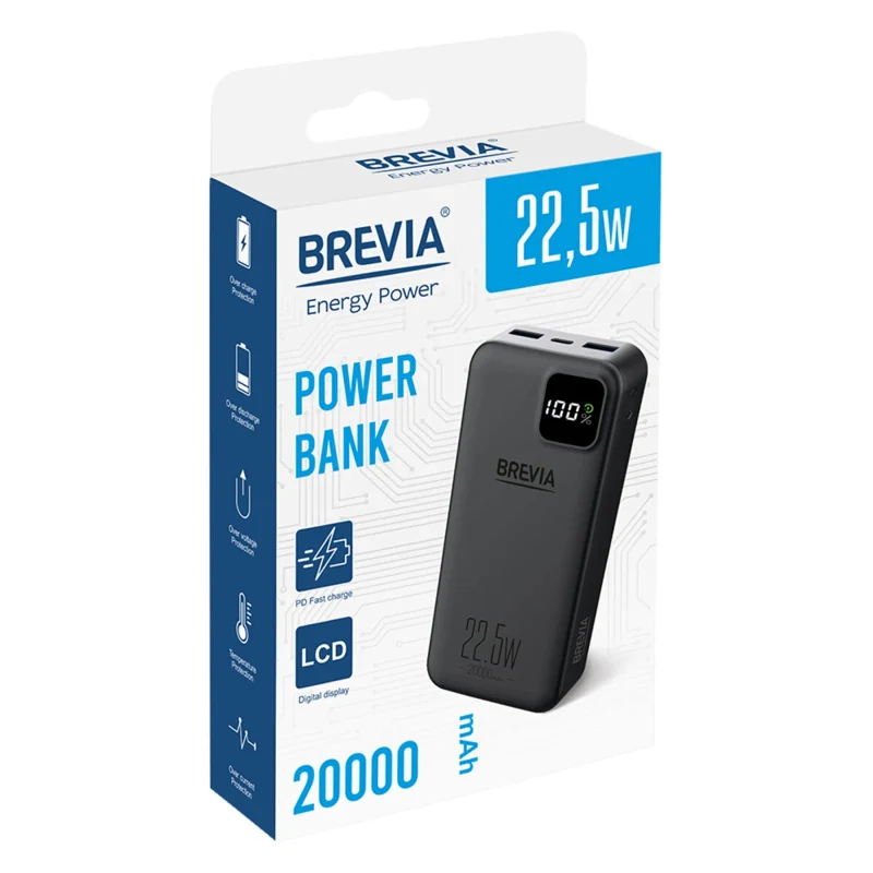 Павербанк Brevia 45220PB 20000 мА·год 22,5 Вт, LCD, чорний - фото 9 Павербанк Brevia 45220PB 20000 мА·год 22,5 Вт, LCD, чорний - фото 9