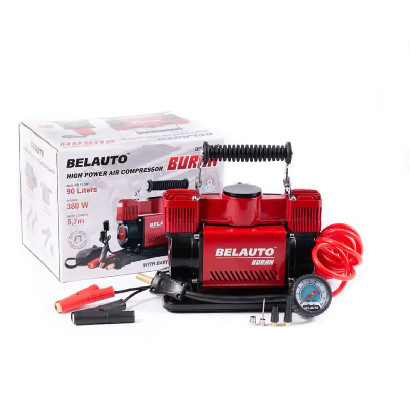 Автомобильный компрессор Белавто Буран 10Атм 90л/мин 380Вт двухцилиндровый с зажимами АКБ - фото 4