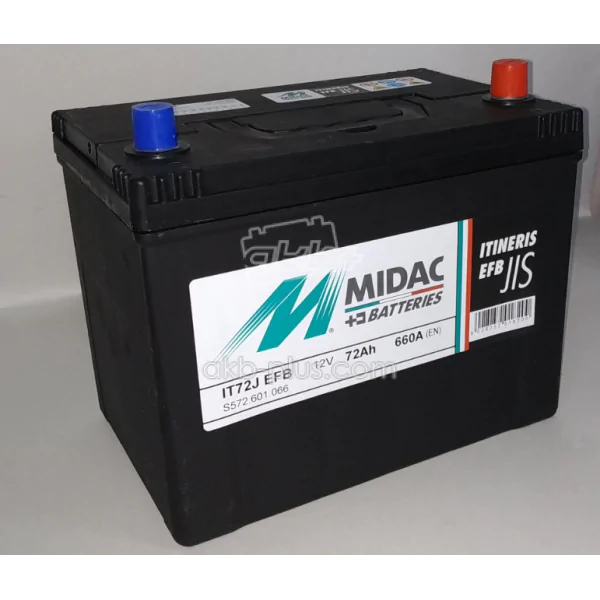Акумулятор 6СТ-72A MIDAC ITINERIS EFB-STOP & START ASIA, 12V, 72AH (-/+), EN660А - фото 1 Акумулятор 6СТ-72A MIDAC ITINERIS EFB-STOP & START ASIA, 12V, 72AH (-/+), EN660А - фото 1