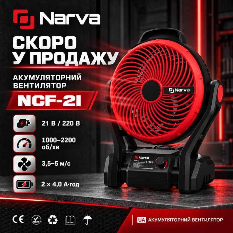 Аккумуляторный вентилятор NARVA NCF-21 21 В, 2×4 А·ч, питание 220 В - фото 3 Аккумуляторный вентилятор NARVA NCF-21 21 В, 2×4 А·ч, питание 220 В - фото 3