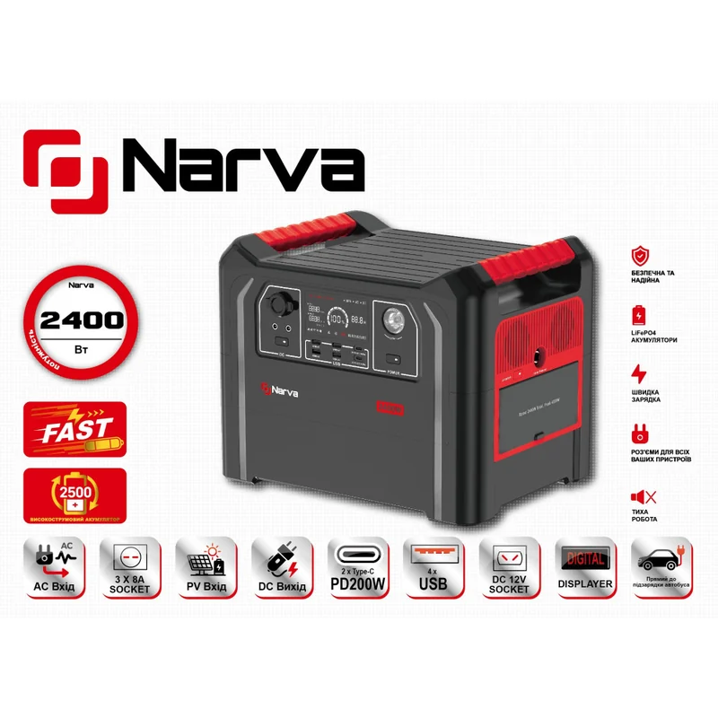Портативная зарядная станция NARVA NPS-2400 2400 Вт, 2304 Вт·ч, LiFePO4 - фото 1 Портативная зарядная станция NARVA NPS-2400 2400 Вт, 2304 Вт·ч, LiFePO4 - фото 1