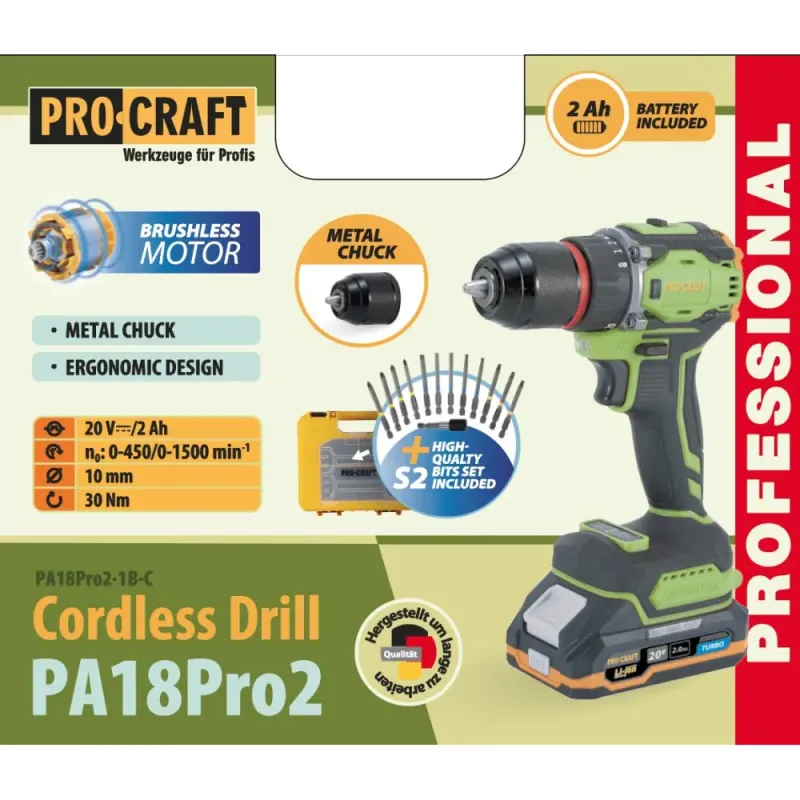 Шуруповерт Procraft PA18Pro2 (з 1 АКБ 2Ач) набір біт - фото 2