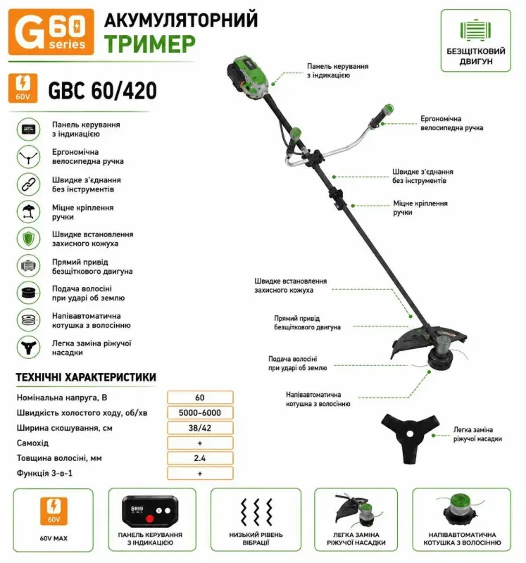 Триммер аккумуляторный Grosser GBC 60/420 без АКБ и ЗУ - фото 2 Триммер аккумуляторный Grosser GBC 60/420 без АКБ и ЗУ - фото 2