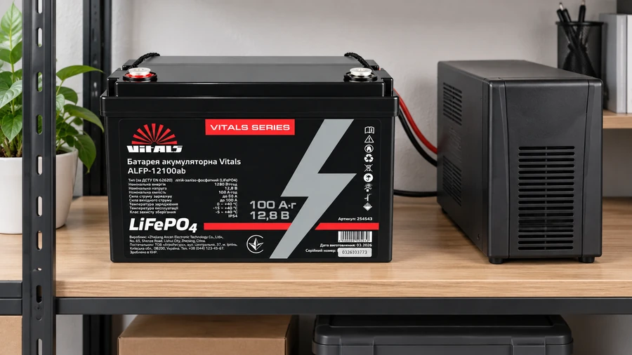 Vitals ALFP-12100AB рядом с совместимым ИБП и зарядным оборудованием