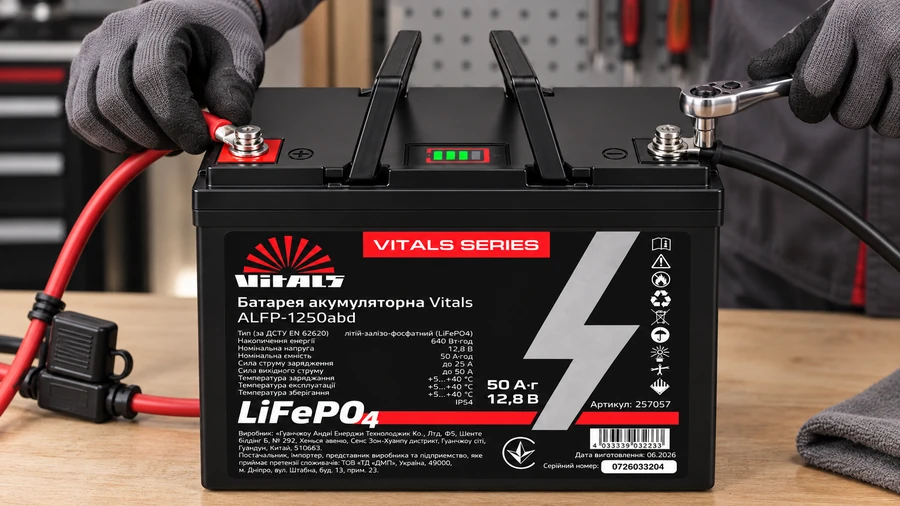 Підключення кабелів до клем M8 акумулятора Vitals ALFP-1250ABD