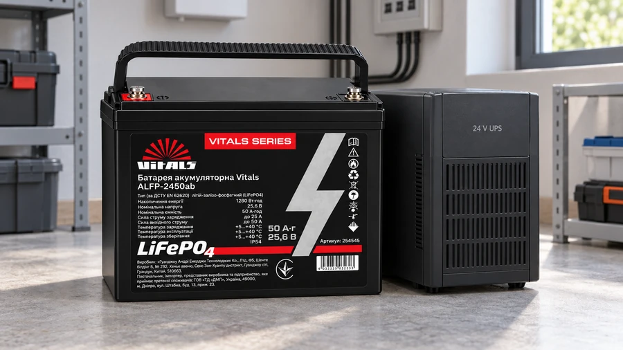 Акумулятор Vitals ALFP-2450AB поруч із ДБЖ 24 В