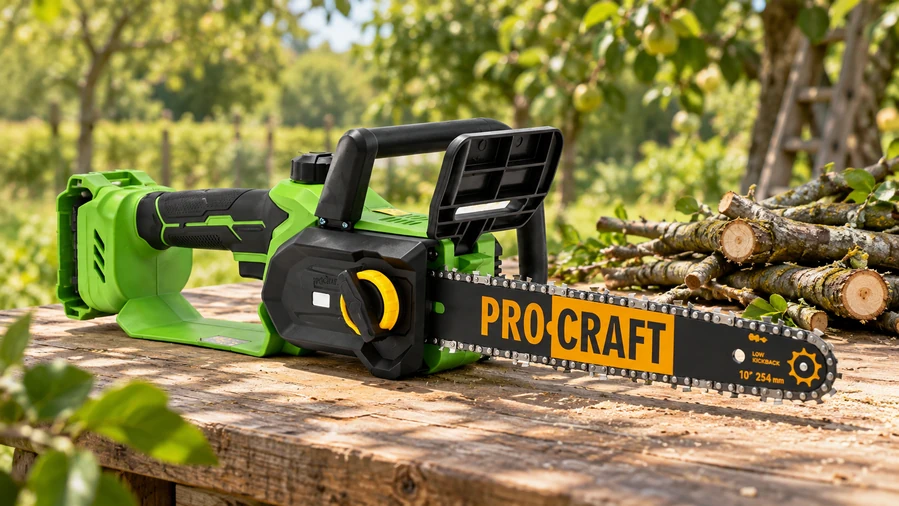 Иллюстрация Procraft PKA34 без аккумулятора возле заготовленных веток