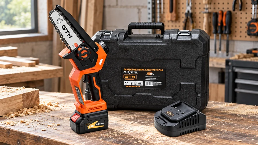 Иллюстрация комплекта GTM CS18/127BL KIT: пила, аккумулятор, зарядка и кейс