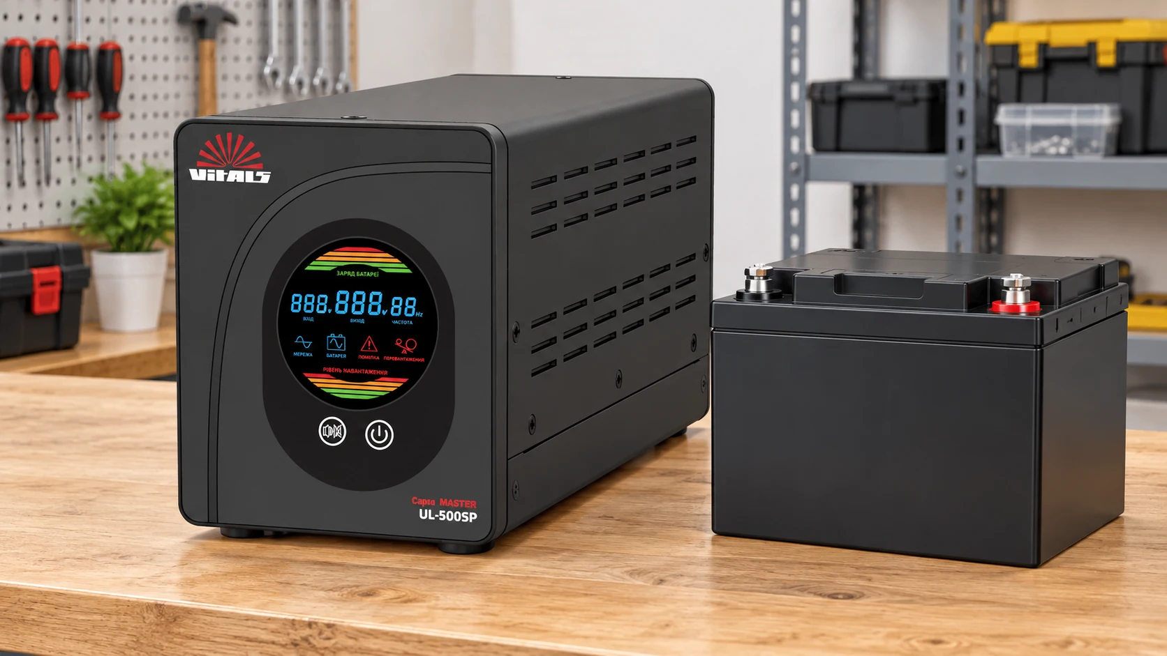 Иллюстрация ИБП Vitals Master UL-500SP и внешнего аккумулятора 12 В