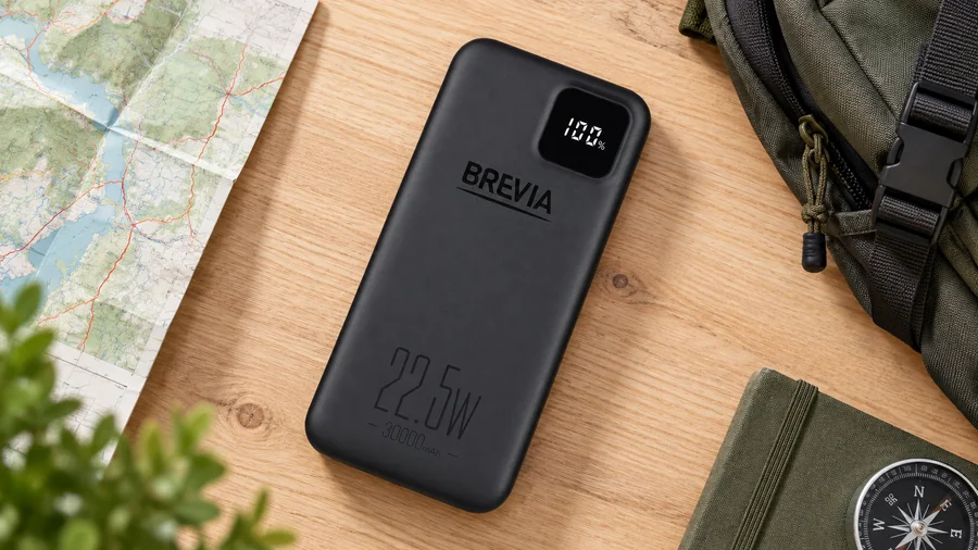 Павербанк Brevia 30000 мА·год поруч із дорожніми речами