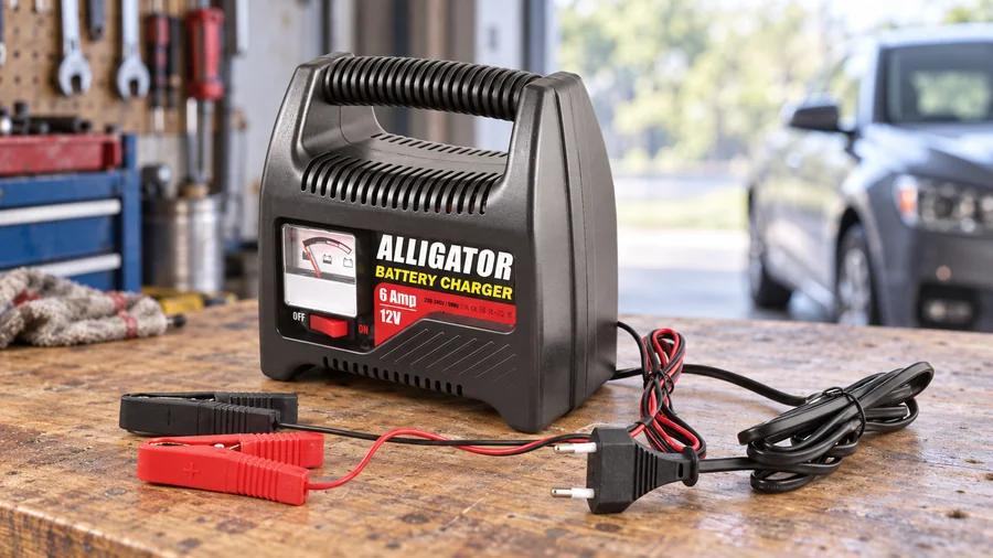 Зарядное Alligator AC803 рядом с автомобилем в гараже