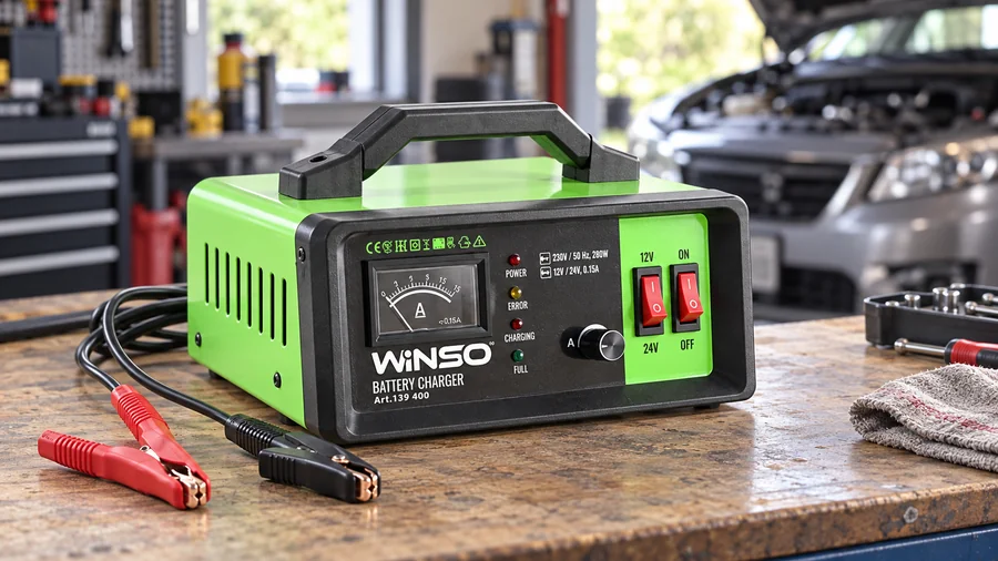 Зарядное Winso 139400 на верстаке возле автомобиля
